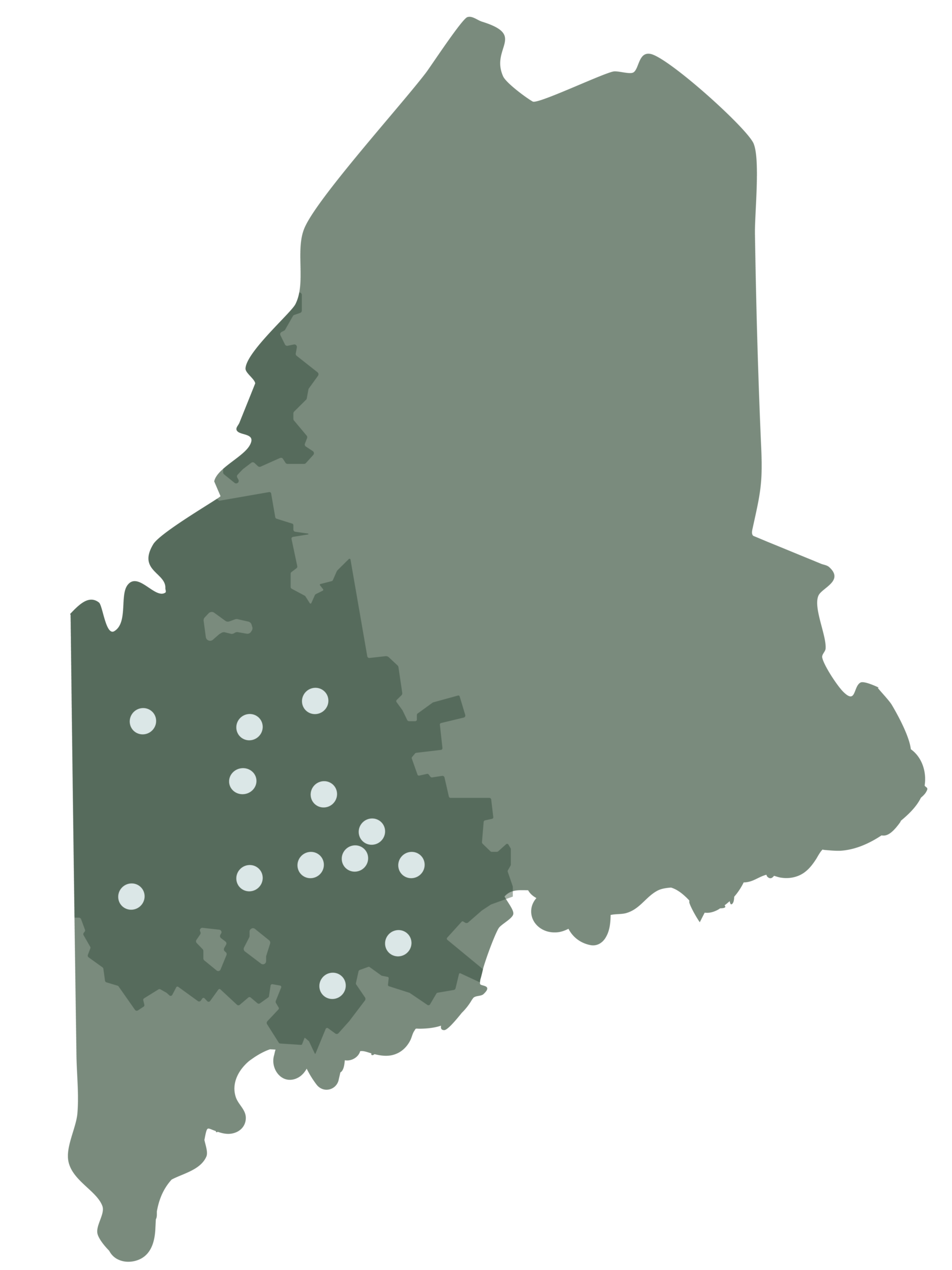 HealthReach Map Large Map of Maine with dots indicating HealthReach locations in Central and Western Maine.